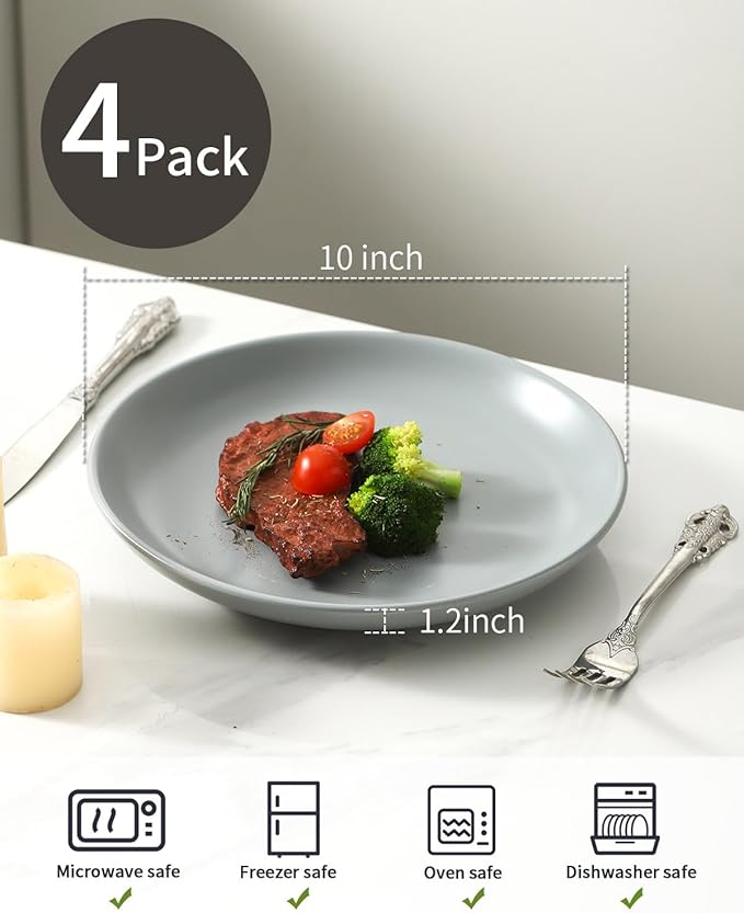 Stoneware Plate, 10 Inch Dinner Plate Set of 4,Dinnerware Set Plates for Steak, Noodless, Microwave, Oven, and Dishwasher Safe,Pebble Gray