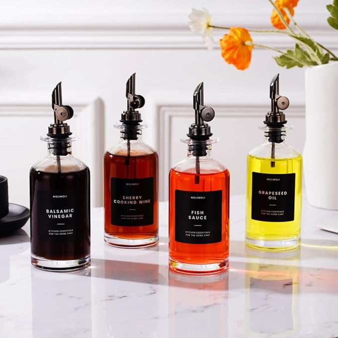 Molimoli Olive Oil Dispenser Bottle for Kitchen With Weighted Pourer - Glass Cruet Set of 4 | 350ml