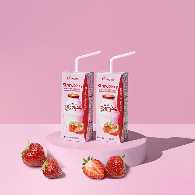 Binggrae Strawberry Flavored Milk Drink – Sweet and Creamy Korean Beverage – Shelf-Stable 6.8 fl oz Cartons – Pack of 6