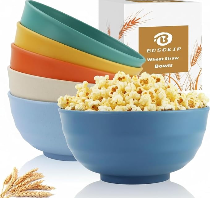 Wheat Straw Bowls 60 OZ, Unbreakable Large Salad Bowls Set of 6, Plastic Kitchen Bowls for Ramen, Soup, Cerea, Microwave and Dishwasher Safe Big Popcorn Bowls for Camping, RV, Party (Multi Colors)