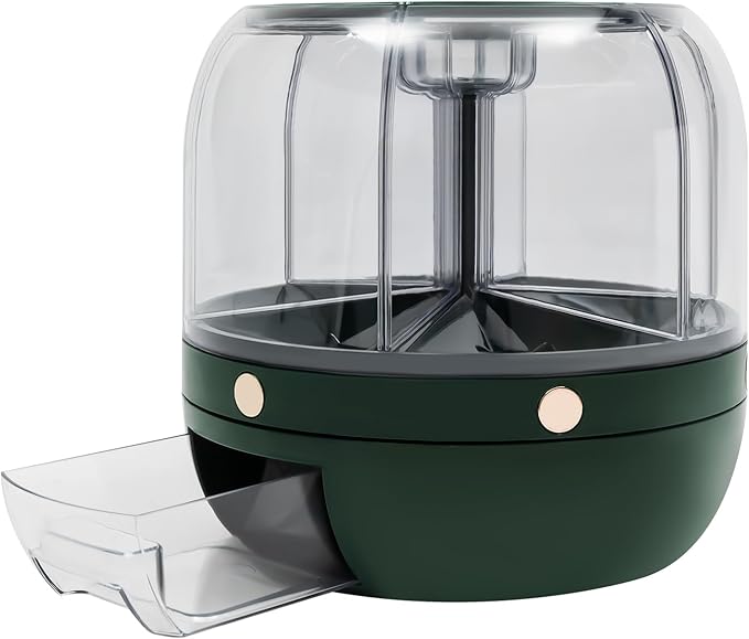 Cereal Dispenser, 6-grid 360° Rotating Grain Dispenser, 6 in 1 Sealed Clear Rice Dispenser, 6kg/13.2lbs Grain Storage Container, PET Round Granular Dry Food Dispenser, 10.63*10.63in Dark Green