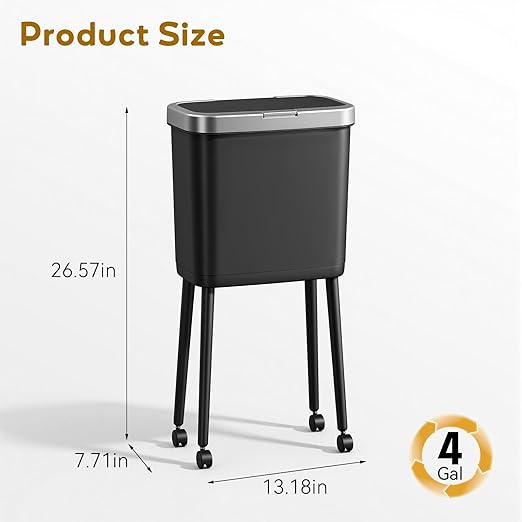 Procade Slim Kitchen Garbage Cans with Legs and Wheels,4Gallons Capacity Narrow Bathroom Wastebasket with Pop-Up Lid,Covered Black Office TrashCans for Near Desk,Plastic Trash Can for Bedroom,Dorm