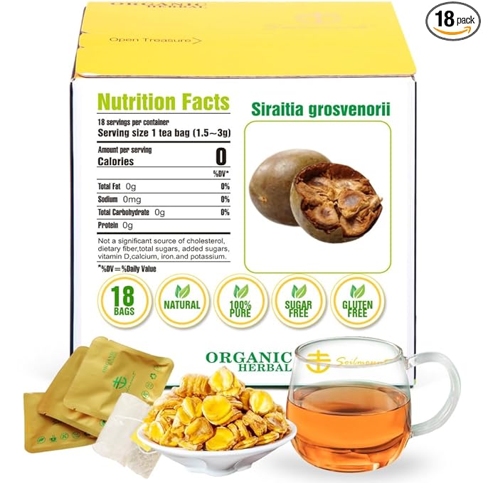 Soilmount - Monk Fruit Tea - |Siraitia Grosvenorii Tea|luo han guo|罗汉果| - Pure Herbal Tea - Natural, Organic, Non-GMO, Clean Ingredients, Caffeine Free (18 Tea Bags, Box 1)