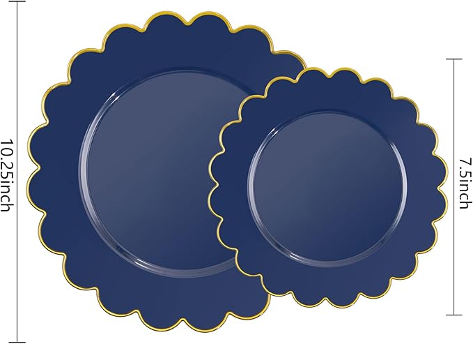 LIYH 60 Pcs Navy Blue Plastic Scalloped Plates with Gold Rim, Blue and Gold Disposable Plates for Party Included 30 Dinner Plate 10.25 30 Dessert Plate 7.5 Inch for Memorial Day,Independence Day