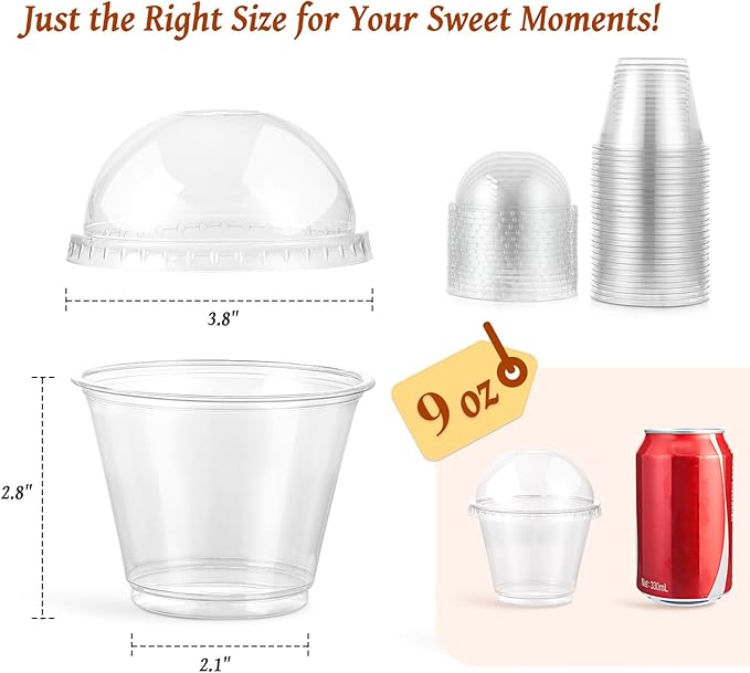 AOZITA 50 Sets, 9 oz Clear Plastic Cups with Dome Lids (No Hole) - Disposable Cups for Ice Cream,Cake,Fruit,Parfait, Dessert, Pudding and Jello Shot