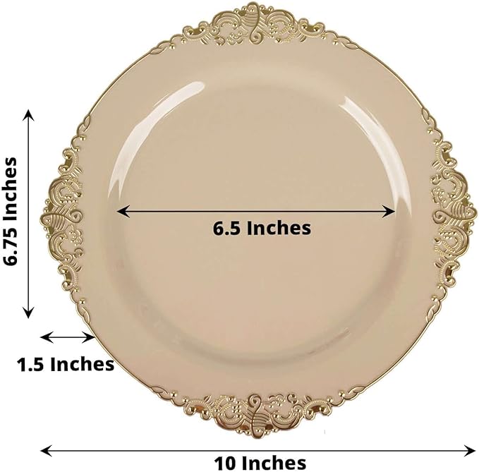 Efavormart 10 Pack | 10" Taupe and Gold Baroque Dinner Plates, Leaf Embossed Metallic Rim Heavy Duty Serving Plates for Neutral Organic Weddings