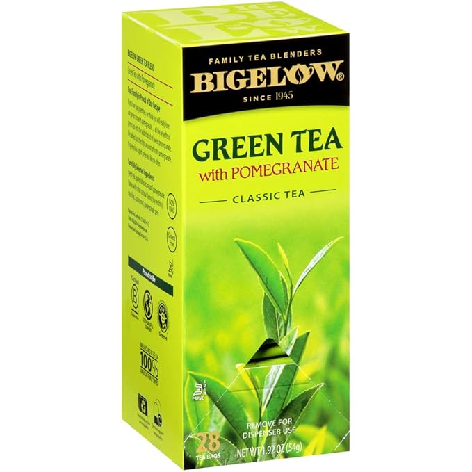 Bigelow Tea Green Tea with Pomegranate 28-Count Box (Pack of 1) Premium Green Tea with Pomegranate Rosehips Hibiscus Antioxidant-Rich All Natural Medium-Caffeine Tea in Foil-Wrapped Bags