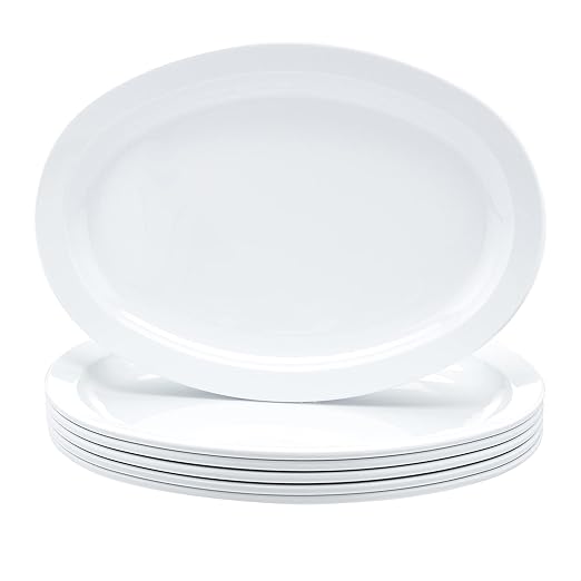 Amazon Basics Melamine Oval Platter Serving Tray, Dishwasher Safe, Narrow Rim, 13 in x 9.75 in, White, 6-Piece Set