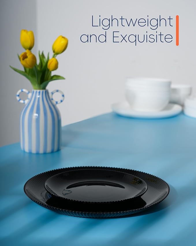 LaGlint 10.5 inch Ribbed Dinner Plate Set of 6, Round Opal Glass Black Dinnerware Plates, Dishwasher and Microwave Safe