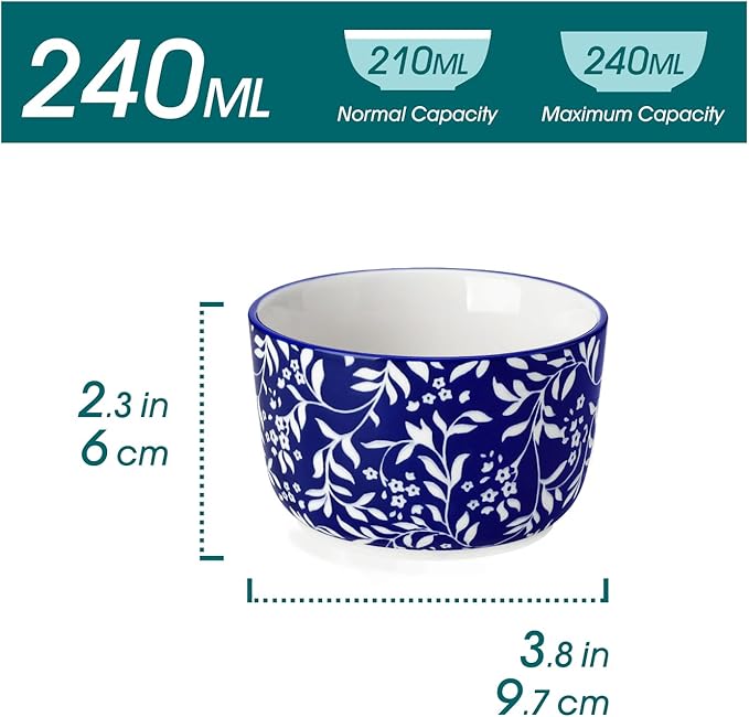 vancasso Selene 8 oz Ceramic Ramekins Set of 6, Large Capacity Oven-Safe Baking Cups for Soufflés, Snack Serving, Desserts, Blue and White Serving Bowls