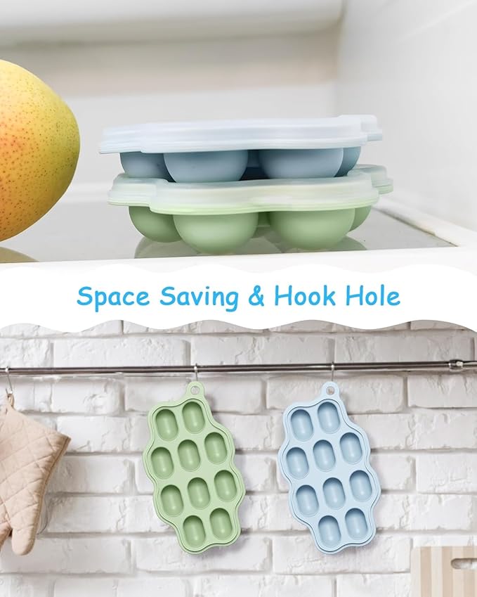 Baby Food Freezer Tray with Lid 2 Pack, Silicone Baby Food Storage Containers, Breastmilk Popsicle Mold, Small Ice Cube Tray for Homemade Baby Food（Blue/Green）
