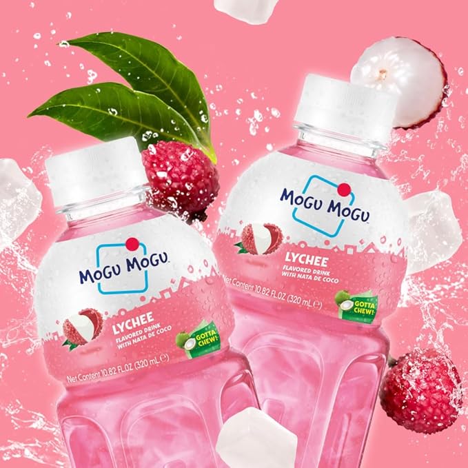 Mogu Mogu Lychee Juice Drink with Nata de Coco (Coconut Jelly) – Chewy Fruit Beverage for Kids & Adults, 6 Pack Bottles, 10.82 fl oz Each