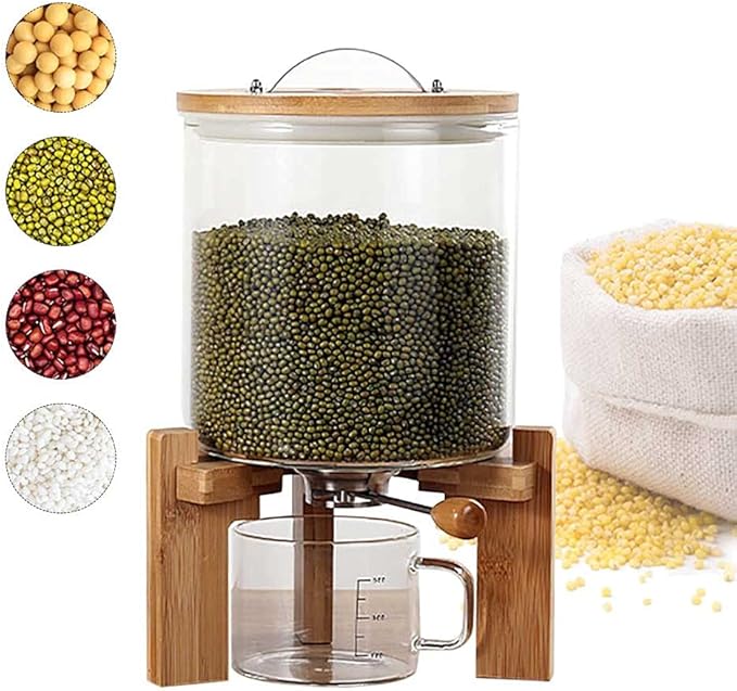 Glass Rice Dispenser, Grain Dispensers Clear Dry Food Storage Container, 5L/0.32Gal Flour Cereal Rice Storage Box With Sealed Lid And Measuring Cup For Storing Sugar/Coffee Beans/Oats/Kitchen Food