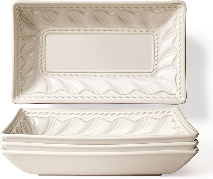 Artena 8.25" Ceramic Rectangle Plates Set of 4 - Deep Lipped Edges, Appetizer Salad Sushi Pasta Dessert Plates, Microwave/Oven Safe, Cute Kitchen Dinner Restaurant Serving Dishes (Willow Leaf)