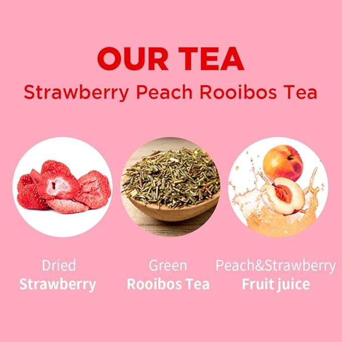 ROASTIQUE Strawberry Peach Rooibos Tea with Real Dried Fruit – Premium Orgainc Tea Sweet Fruit Blend Hot or Iced Tea Eco-friendly PLA bags, 8 Tea Bags