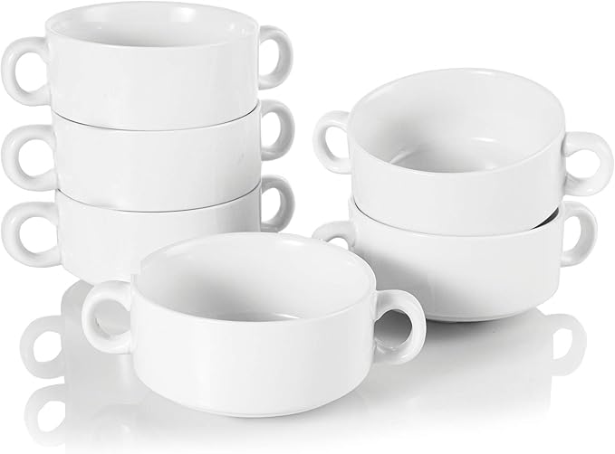 Foraineam Porcelain Bowls with Double Handles 10 Ounce White French Onion Soup Crocks Round Stackable Bowls for Soup, Cereal, Oatmeal, Set of 6
