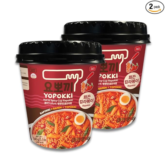 Yopokki Instant Rabokki Cup – Korean Tteokbokki Rice Cakes with Ramen Noodles, Quick & Easy Korean Street Food, Asian Snacks for College Dorms (2 count, Hot Spicy)