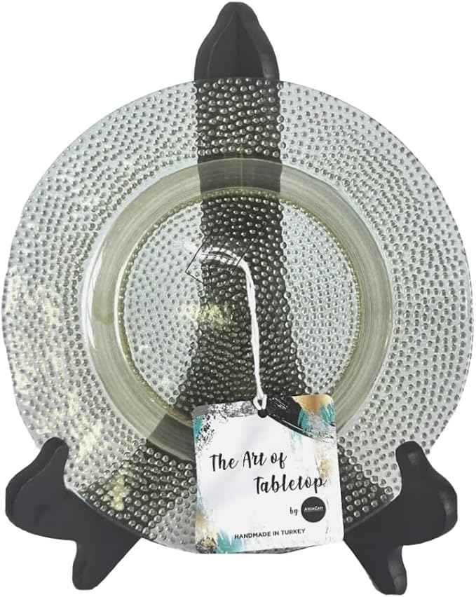 Dinnerware Set of 12 Glass Textured Clear Green Bubble Plates, 4 Chargers (13"), 4 Dinner Plates (11"), 4 Salad Plates (9")