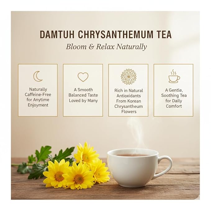 Damtuh Chrysanthemum Tea Bags, Korean Herbal Flower Tea, Caffeine-Free Soothing Floral Tea, 20 Tea Bags