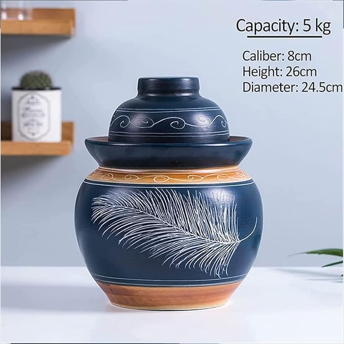 QPZK Blue Traditional Chinese Porcelain Pickle Jar, Ceramic Fermentation Crock Pickling Pot,Fermenting Jar With Water Seal Airlock Lid Stoneware Fermenter for Kimchi Saue 5KG