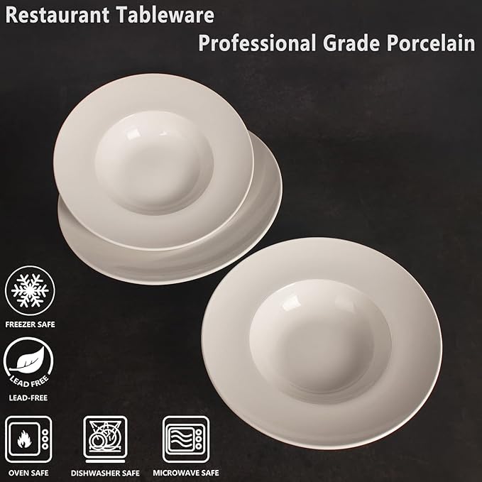 Porcelain Soup Bowls soup Plate Pasta Bowl Set of 4 Shallow Bowl Plates, 14 oz Rimmed Bowls with Rim, Microwave ovens and refrigerators safe, Line texture 11.9 Inch