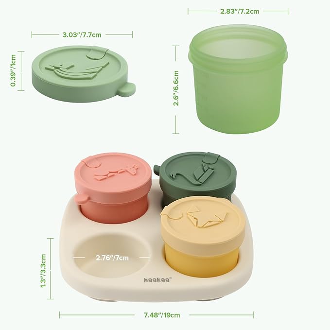 Haakaa Animal Friends Silicone Food Pod Set, 4oz/120ml Baby Food Containers & Jars with Tray, Leakproof Lids, Ice Cream Containers for Homemade Ice Cream,4 Pack,Oat Tray