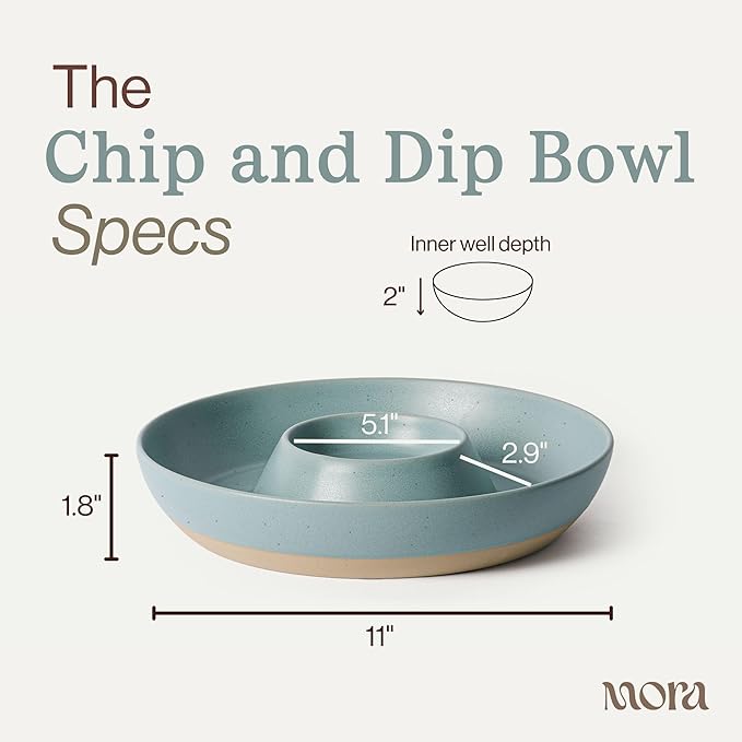MORA Ceramic Chips and Dip Serving Tray: Large Divided Party Bowl Set for Chips & Salsa, Veggies & Dip, Fruit, Snacks, Entertaining, Hosting, etc. Minimalist Design for the Modern Hostess - Iris
