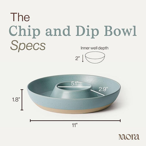 MORA Ceramic Chips and Dip Serving Tray: Large Divided Party Bowl Set for Chips & Salsa, Veggies & Dip, Fruit, Snacks, Entertaining, Hosting, etc. Minimalist Design for the Modern Hostess - Iris