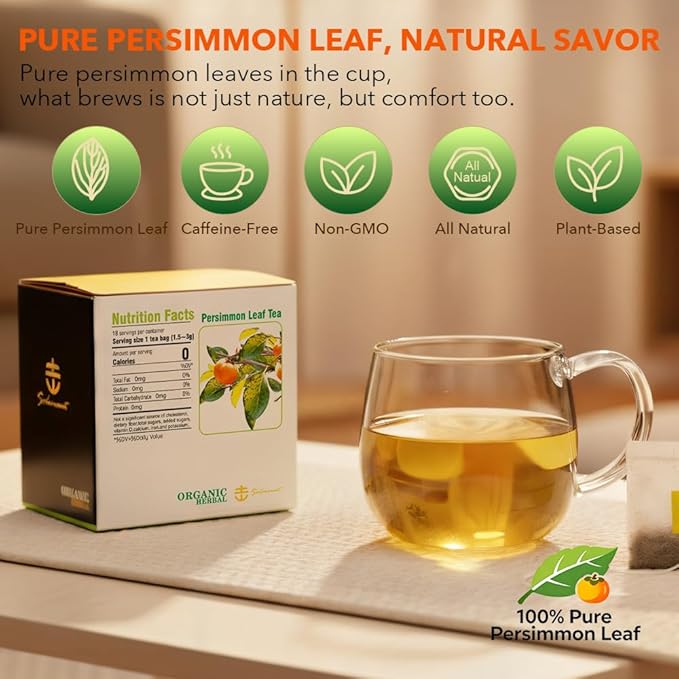 Soilmount - Persimmon Leaf Tea - Pure Herbal Tea - Natural, Organic, Non-GMO, Clean Ingredients, Caffeine Free (18 Tea Bags, Box 1)