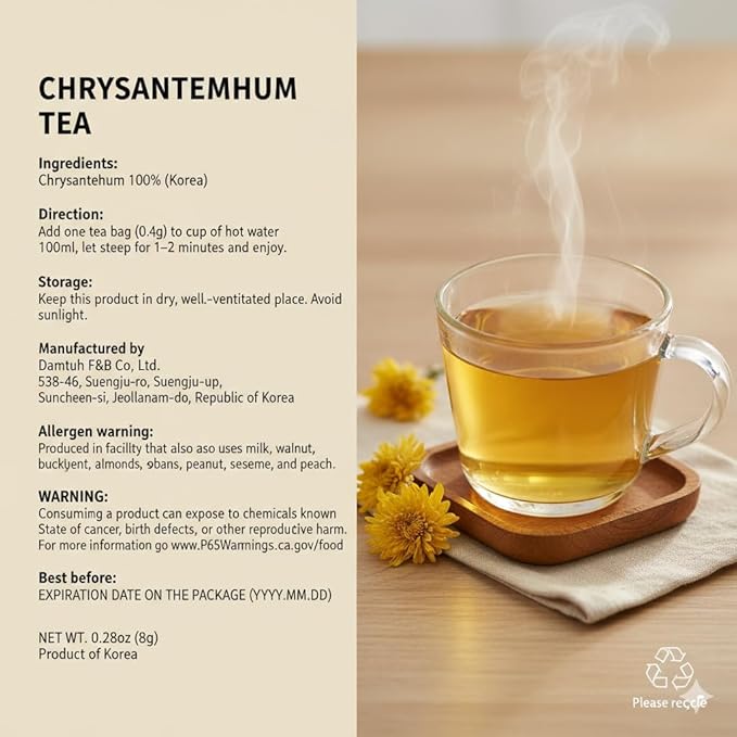 Damtuh Chrysanthemum Tea Bags, Korean Herbal Flower Tea, Caffeine-Free Soothing Floral Tea, 20 Tea Bags