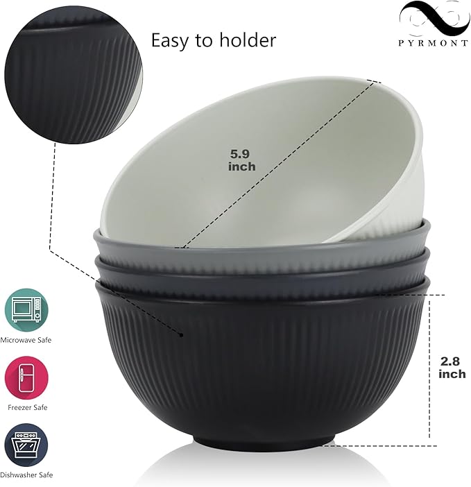 PYRMONT Unbreakable Cereal Bowl 26 OZ Wheat Straw Bowls Set of 8 Alternative Plastic Bowls Reusable Dishwasher & Microwave Safe Breakfast Bowls for Party Kitchen Bowls for Soup,Dinner-Black to Grey