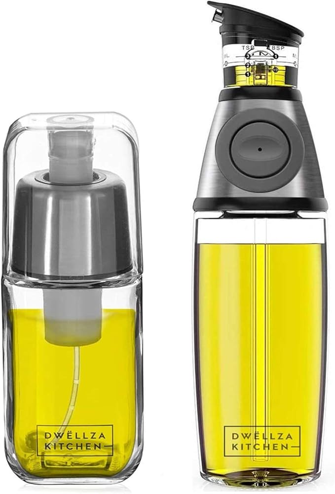 DWËLLZA KITCHEN Olive Oil Dispenser Bottle For Kitchen Set 6 oz Sprayer For Cooking and Glass 17 Oz. Cooking Pour Dispenser With Measurements for Cooking, Airfryer, Salad & BBQ