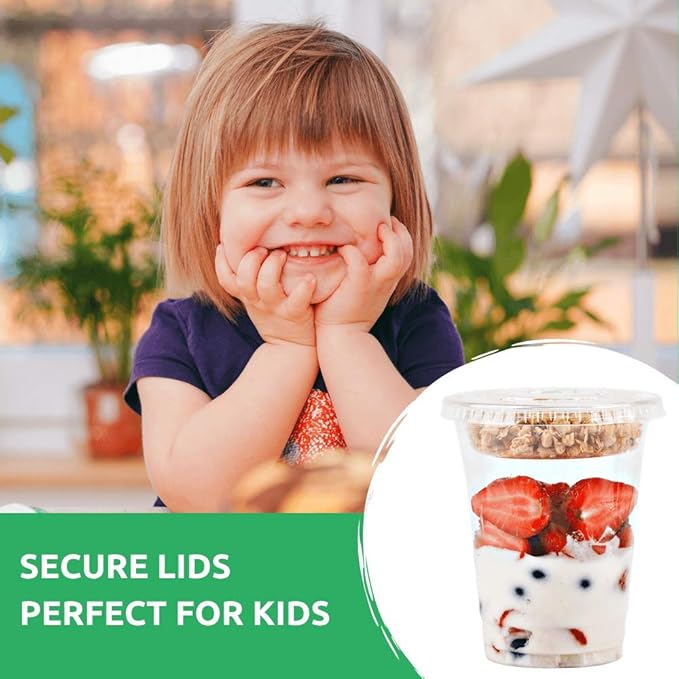 Aatriet 12 oz Clear Plastic Parfait Cups with Insert 3.25oz & Flat Lids No Hole - (20 Sets) Yogurt Fruit Parfait Cups for Kids, for Dips and Veggies, Take Away Breakfast and Snacks. No Leaking