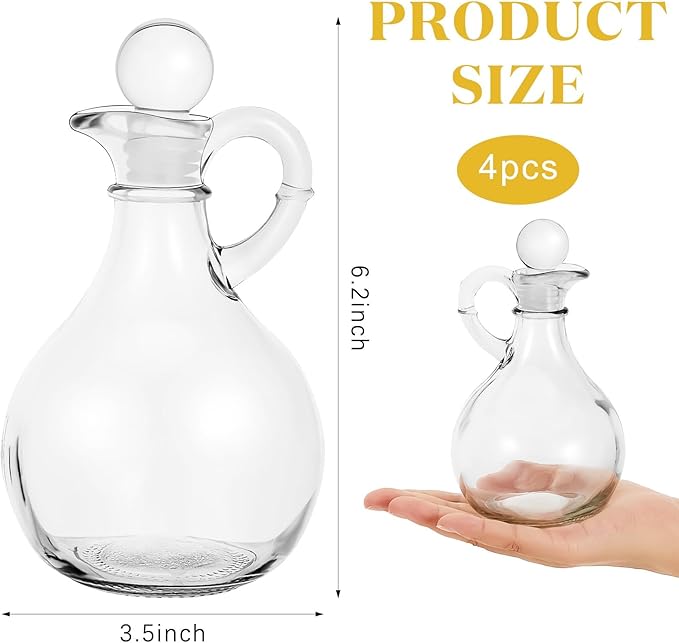 Suclain 4 Sets 12oz Glass Oil and Vinegar Cruets Set Round Oil Dispenser Olive Bottle with Airtight Stopper Salad Dressing Bottle Glass Condiment Container for Kitchen Homemade Syrup Olive Condiment