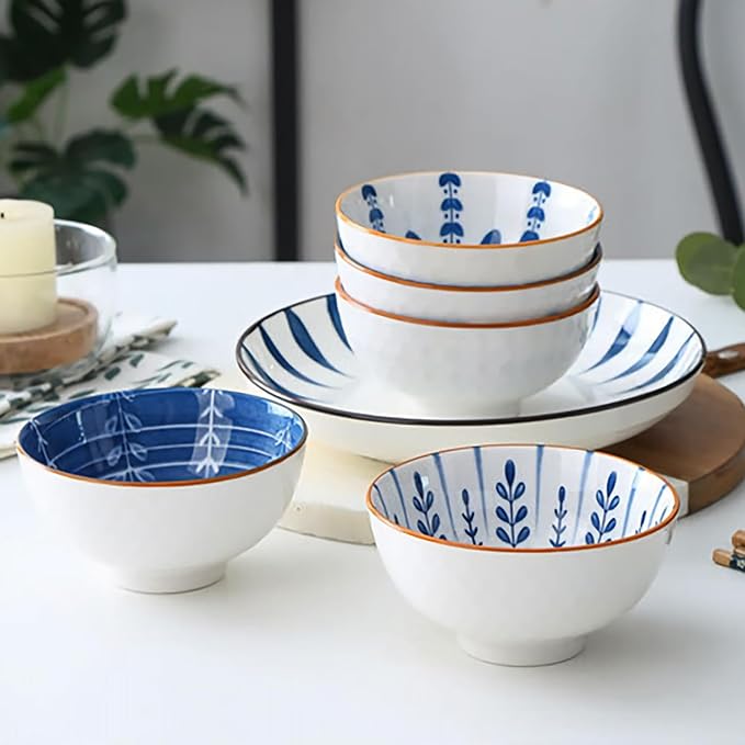 Ceramic Plates and Bowls Set, Japanese Style Dinnerware Set with Gift Box - Blue and White - 4 Rice Bowls and 2 Pasta Bowls - Kitchen Gifts for Women