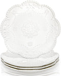 Tebery Set of 4 Ceramic Dinner Plate, 10.5 Inch Large Embossed Lace Salad Serving Plates, Elegant Appetizer Dessert Dishes for Wedding, Party, Restaurant, Kitchen, Microwave Dishwasher Safe, White