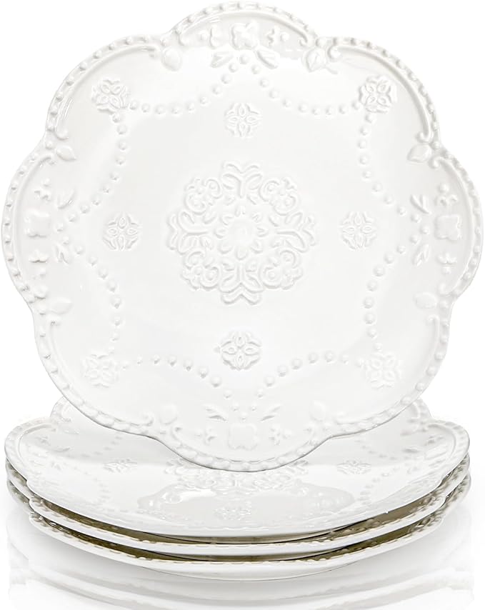 Tebery Set of 4 Ceramic Dinner Plate, 10.5 Inch Large Embossed Lace Salad Serving Plates, Elegant Appetizer Dessert Dishes for Wedding, Party, Restaurant, Kitchen, Microwave Dishwasher Safe, White
