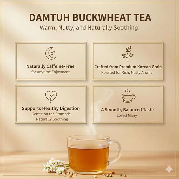 Damtuh Buckwheat Tea Bags, Korean Tartary Buckwheat Tea, Caffeine-Free, 100 Bags
