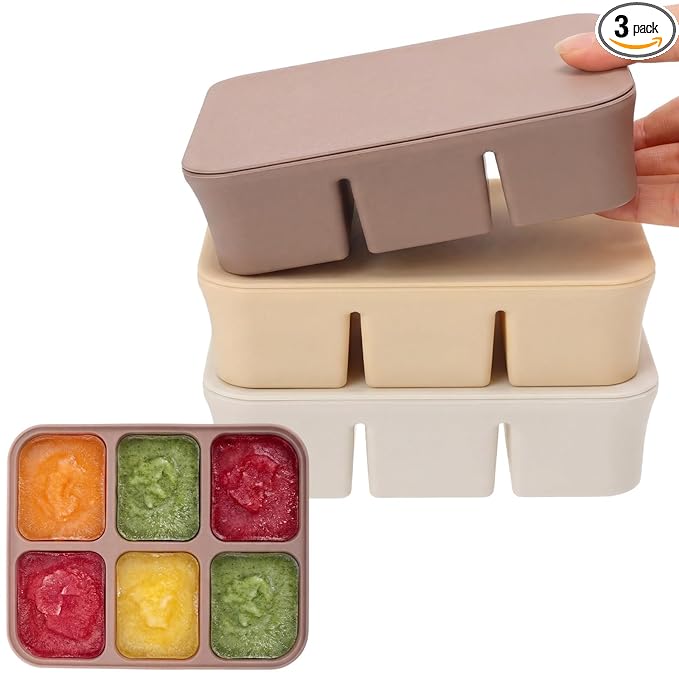 Mimorou 3 Pack Baby Food Freezer Tray with Lids 2.13 oz x 6 Cups/1.15 oz x 12 Cups Silicone Baby Food Storage Container Ice Cube Molds for Homemade Vegetable Fruit Snack(6 Cups,White, Yellow, Brown)
