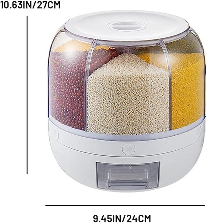 Enfudid Food Grain Storage Container Large Capacity 6-Grid Rice Dispenser, Rotatable Sealed Grain Food Storage Box Rice Bucket Dry Food Fruit Box Kitchen Storage Bucket for Home Kitchen