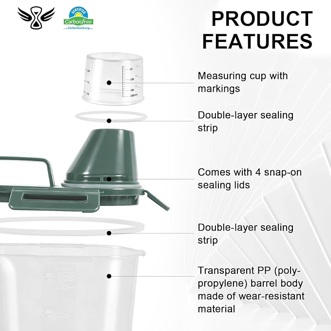 LEAWALK Airtight Rice Storage Container, 3.28Qt Cereal Dry Food Flour and Sugar Bin, Dog Cat Food Dispenser with Measuring Cup, BPA Free Clear Plastic Kitchen and Pantry Organization Bin Green 2Pack