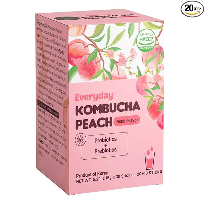 Unha's Everyday Kombucha Tea Powdered Beverage, 20 Sticks, Sparkling Powder Drink, Prebiotics, and Probiotics Sugar-Free - Peach Flavor