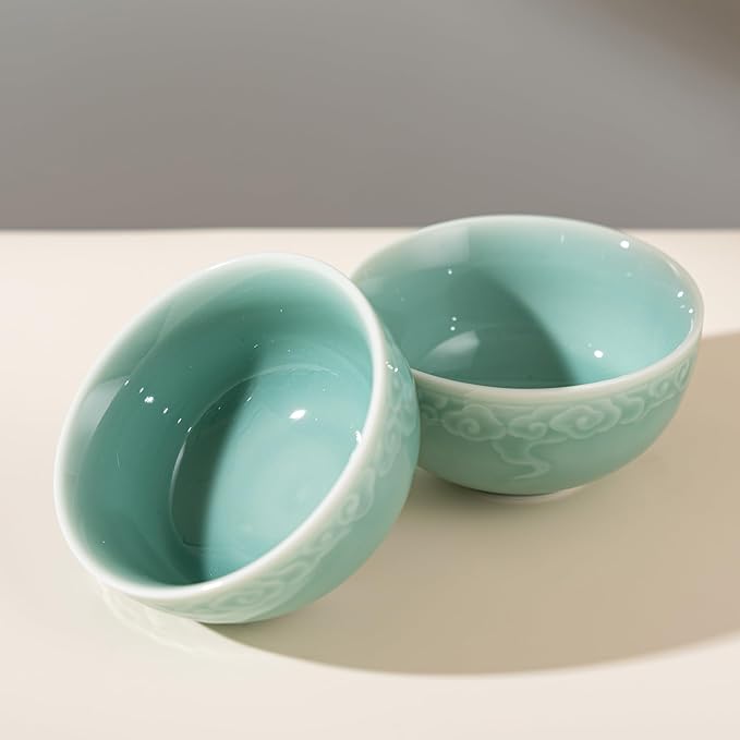 4.5" Green Porcelain Bowls Set of 2,Genuine Longquan Celadon 9.8 Oz Rice Bowls -Sky Cyan
