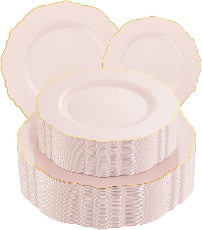 WDF 100pcs Pink Plastic Plates - High-end Baroque Design - Pink and Gold Plates - Including 50 Disposable Plate 10.25inch, 50Salad Plate 7.5inch for Wedding/Baby Shower/Spring/Birthday