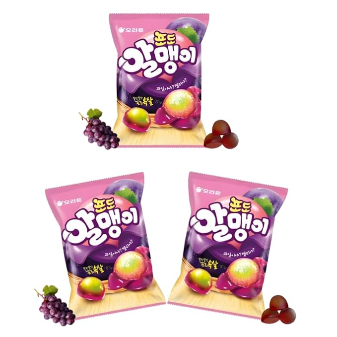 Korean Fruit Jelly Candy – Assorted Chewy Gummy Snacks –3 Fruity Flavors (Grape, Lychee, Mango) – Individually Wrapped – Perfect for Kids & Adults – 알맹이젤리 (Grape–2.9oz(81g) × 3pack)