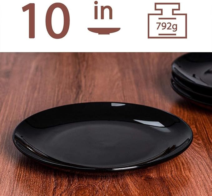 DELLING 10 Inch Black Dinner Plates Set of 4, Porcelain Round Plates - Microwave & Dishwasher Safe, Chip Resistant - Modern Matte Black Plates for Everyday Dining & Entertaining