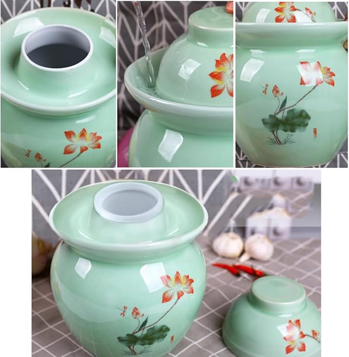 MRYBD Chinese Ceramic Pickle Jar with Lids,Kimchi Containers, Fermentation Jar, Fermentation Jars Ceramic Pots, Sealed Fermentation Jars with Lids, Sauerkraut Crock Green-1.75L