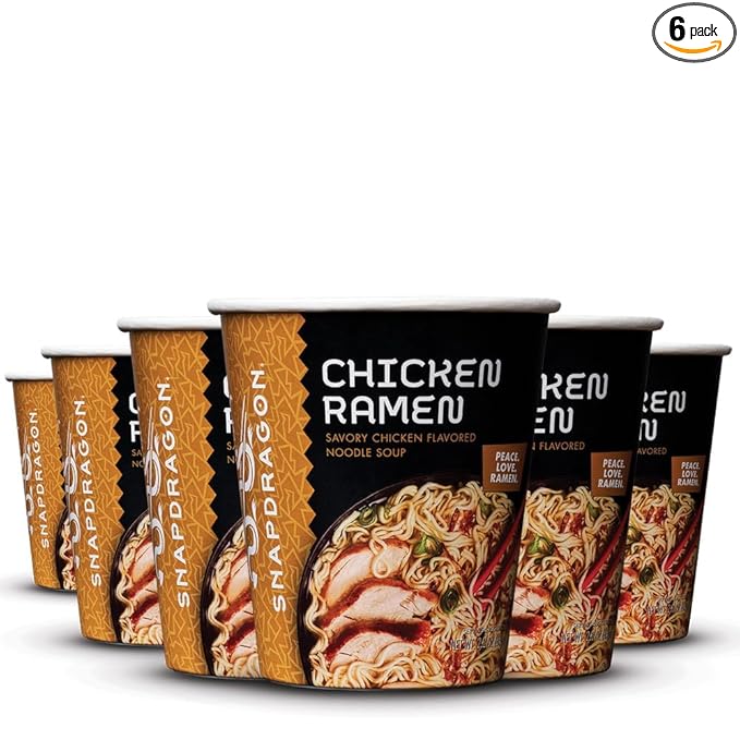 Snapdragon Chicken Ramen Cup Noodles - 6 Pack Instant Ramen Bowl with Authentic Wheat Noodles, Soup Flavor Sauce, Vege Pack, and Garlic Flavoring Oil. Microwave or Hot Water, Easy Meal Prep