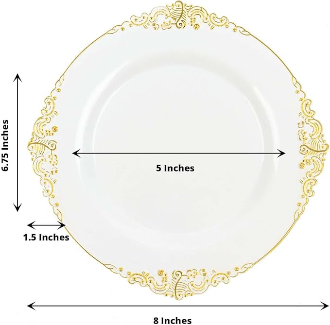 Efavormart 10 Pack | 8" White and Gold Baroque Dessert Plates, Leaf Embossed Metallic Rim Heavy Duty Appetizer Plates for Traditional Bridal Showers