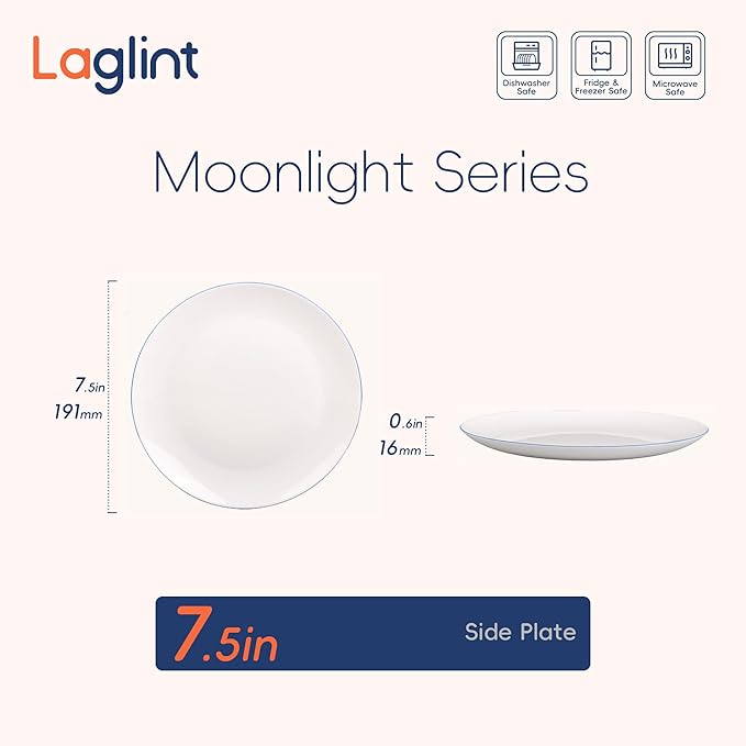 LaGlint 7.5 inch Appetizer Plate Set of 6, Lightweight Opal Glass Round Salad Plates for Dessert Kitchen, Dishwasher and Microwave Safe, Hand Painted Navy Blue Rim